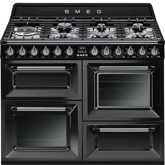 Smeg TR4110BL1 110cm Dual Fuel Rangecooker with Triple Oven and Gas Hob - Black